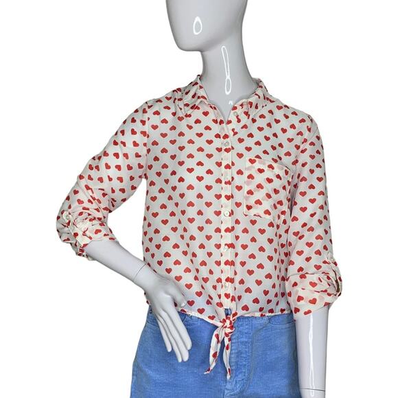 FB Sister Shirt Heart Print Button Down Long Sleeve Toll-tab Size XS - Picture 2 of 12